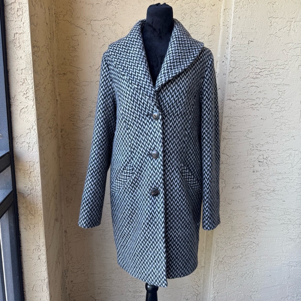 Edina Ronay Gray Herringbone Wool Blend Coat Sz 8 Shawl Collar